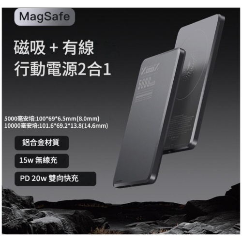 金屬超薄 MagSafe 磁吸行動電源｜PD20W 15W無線快充，三色可選