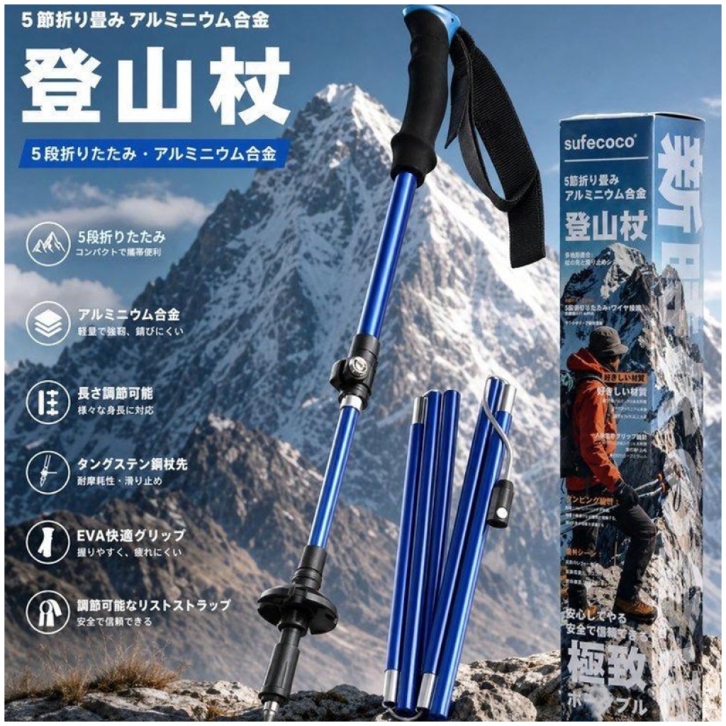 sufecoco 鋁合金五節折疊登山杖|輕量便攜 防滑伸縮 戶外健行必備