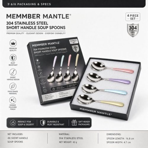 MEMMBER MANTLE 304不銹鋼短柄湯匙 4支禮盒裝|彩色手柄 防滑易握