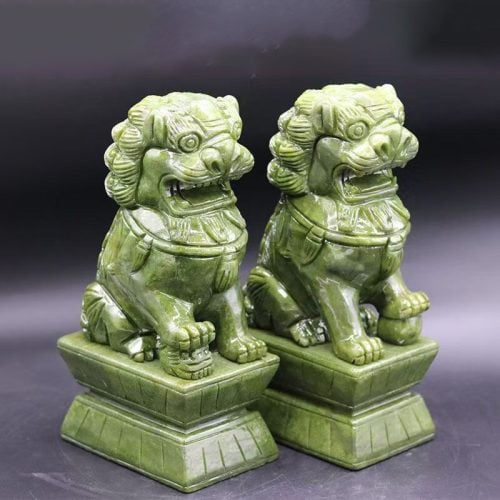 天然南玉獅子擺件 一對 青綠色|鎮宅守護 家居氣派裝飾