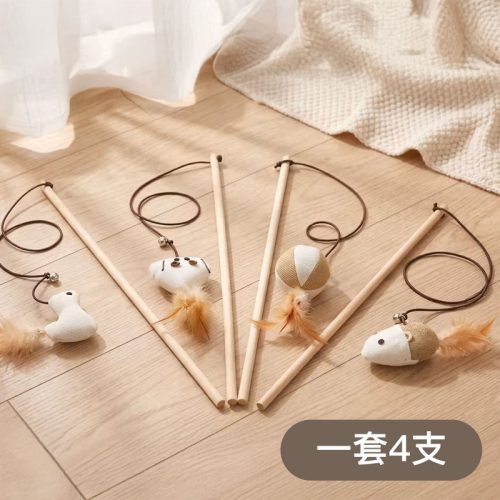 棉麻木桿逗貓玩具1套4支|4款可愛造型+羽毛設計