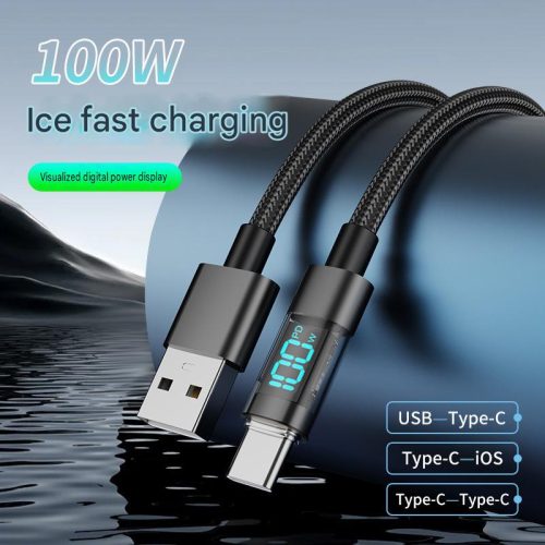 100W數字顯示快充線 1.5m 三件裝組合｜USB-C/iOS/Type-C 接頭｜科技感編織線身