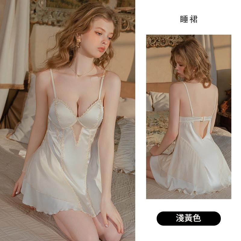 緞面蕾絲吊帶睡裙 胸墊雙層網紗裙擺|黑色/淺黃 M-L-XL - Image 2