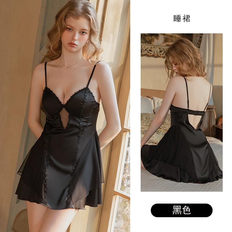 緞面蕾絲吊帶睡裙 胸墊雙層網紗裙擺|黑色/淺黃 M-L-XL - Image 3