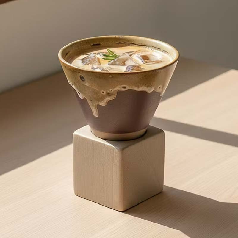漸變白×摩卡棕粗陶咖啡杯200ml一對連底座 – 復古漏斗形設計 - Image 5