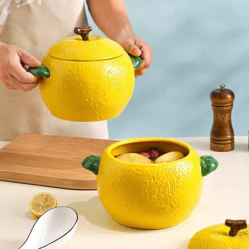 檸檬造型陶瓷湯碗附蓋 24cm｜大容量家用煲湯碗 雙耳防燙設計