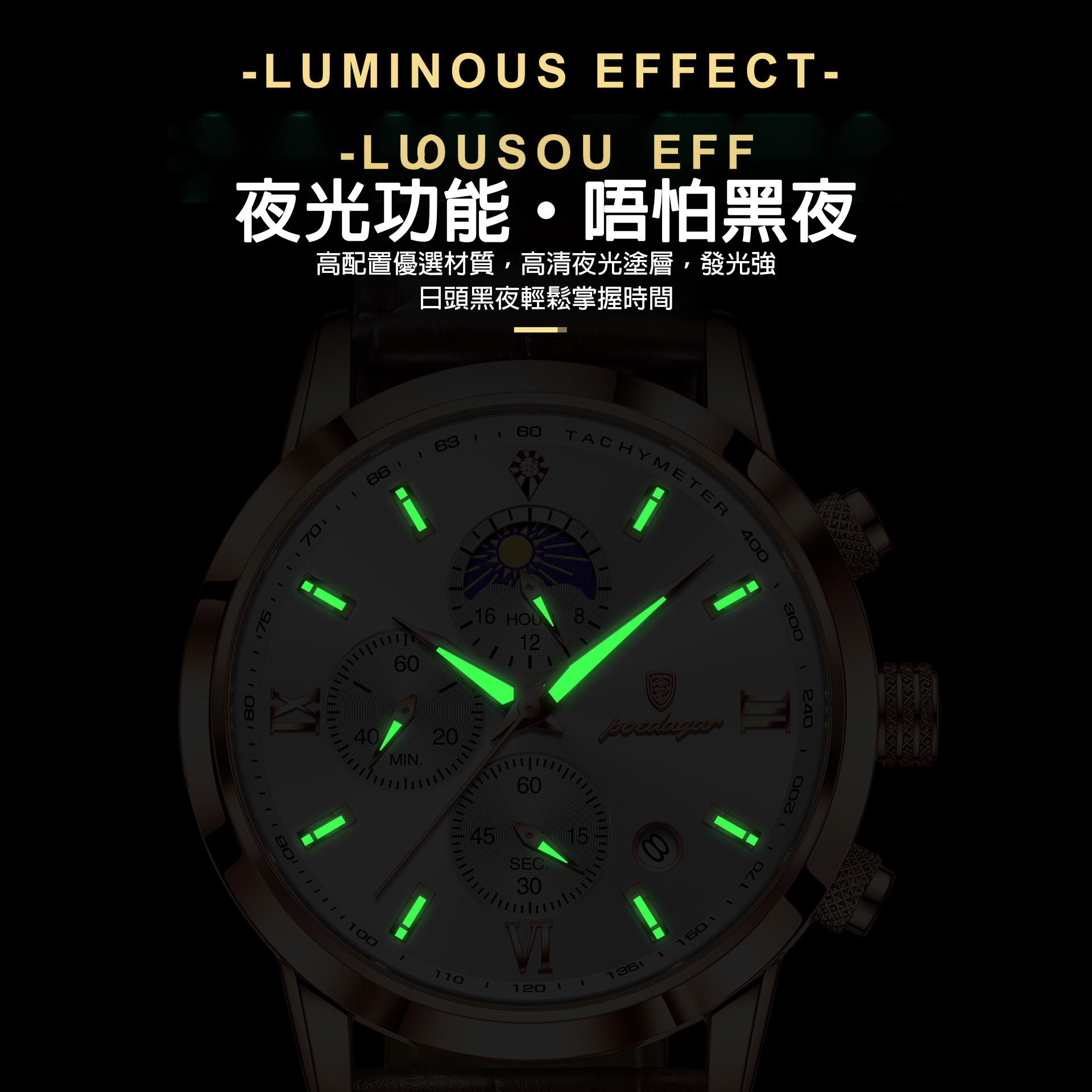 POEDAGAR 男士石英計時腕錶 43mm|30公尺防水 + 夜光功能 - Image 2