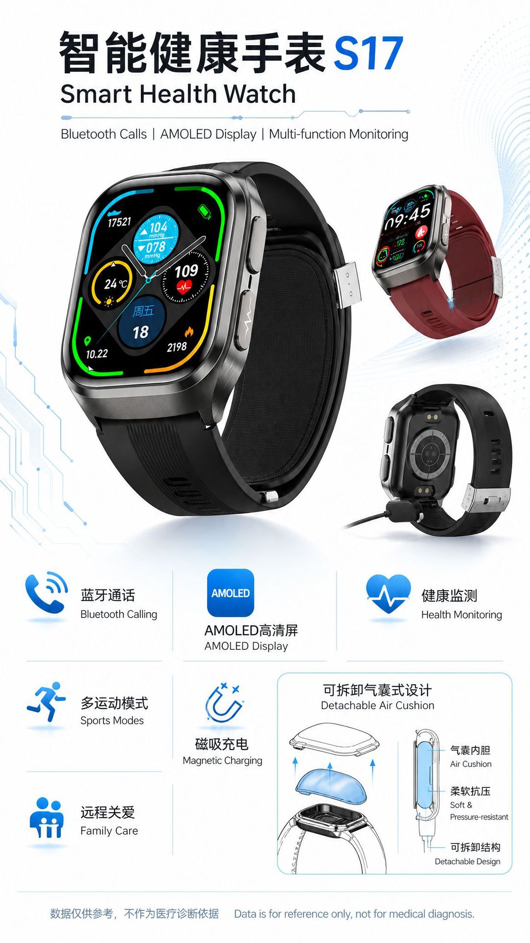 S17 氣壓氣囊智能手錶|血壓心電監測 藍牙通話 高清螢幕 - Image 7