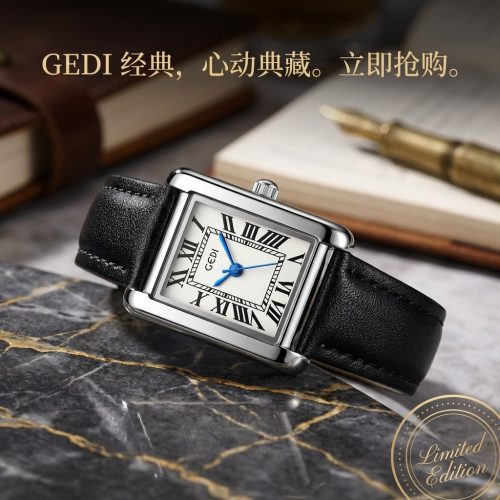 GEDI 歌迪 復古方形女士腕錶 羅馬刻度皮質錶帶｜商務輕奢風