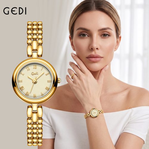 GEDI 復古金盤石英女錶 多排珠鍊設計｜氣質百搭通勤腕錶